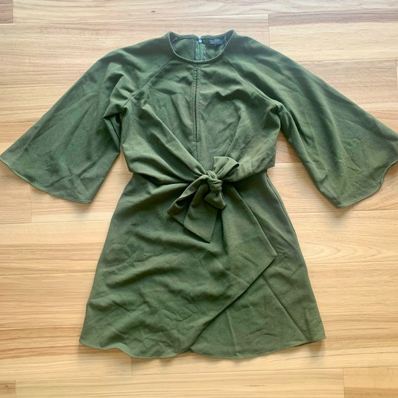 Topshop mini dress army green with front tie and 3/4 bell sleeves - Picture 1 of 2